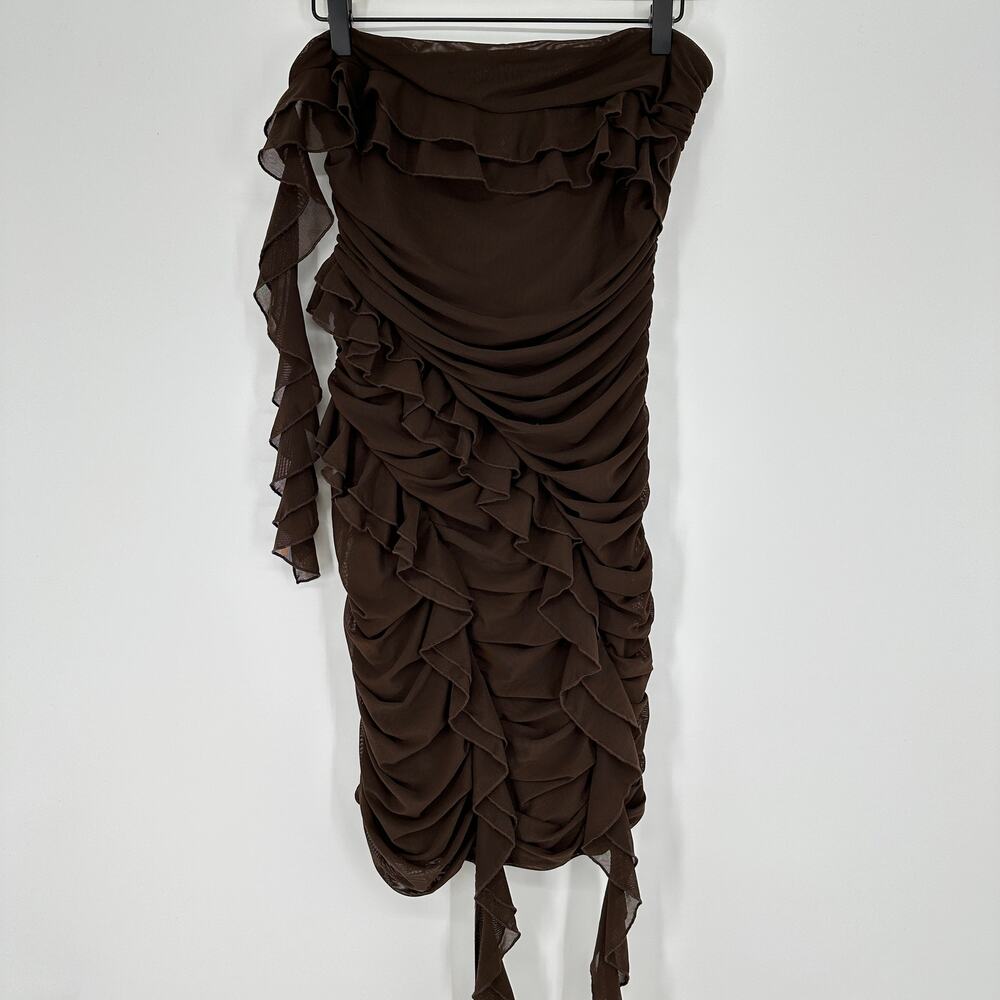 Rare London Mocha Brown Strapless Bandeau Ruffle Detail Mini Dress Womens US 8 - Picture 2 of 12